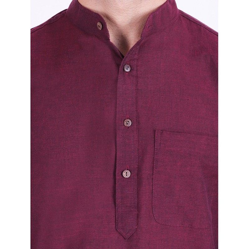 Wine Floral Print Cotton Kurta with Brocade Lace