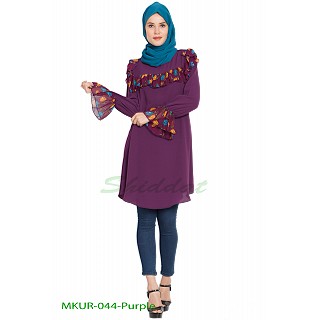 Contrast Ruffles and Bell Sleeves Kurti - Purple