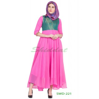 Anarkali dress - Pink with green brocade printed