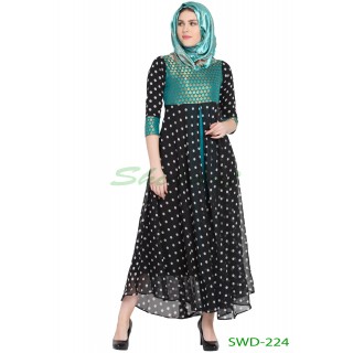 Anarkali dress - Black Dotted with Green brocade print