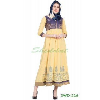 Anarkali dress -Yellow With Blue Brocade print