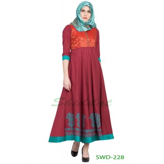 Ethnic dress - Maroon with green brocade print fabric