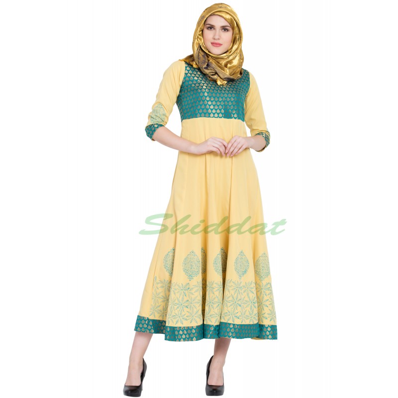 Women's Dress online in India- Yellow with Firozi brocked Women's Dress online in India- Yellow with Firozi brocked
