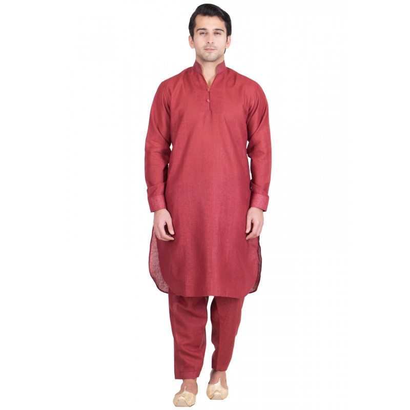 Pathani Suits online in India Brick red colored with Chinese neck