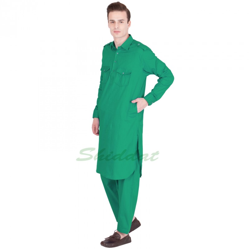 Cotton pathani kurta pyjama set online Green colored pathani suit