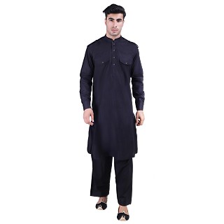 Designer Cotton Pathani Suit- Black 