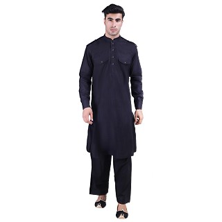 Designer Cotton Pathani Suit- Black 