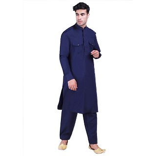 Cotton Pathani Suit with mandarin collar- Navy Blue