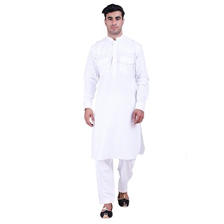 White Cotton Pathani Suit with mandarin collar