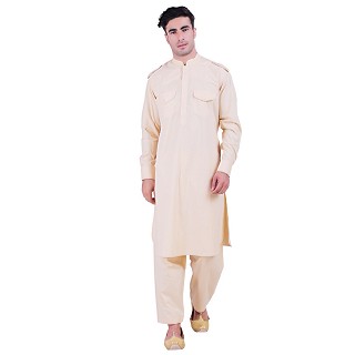 Cotton Pathani Suit with mandarin collar- Beige