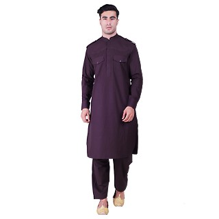 Cotton Pathani Suit with mandarin collar- Purple