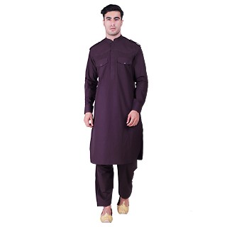 Cotton Pathani Suit with mandarin collar- Purple