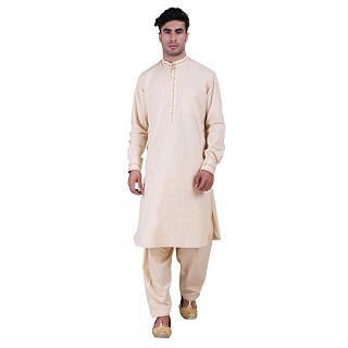 Designer Pathani Suit with mandarin collar- Beige 