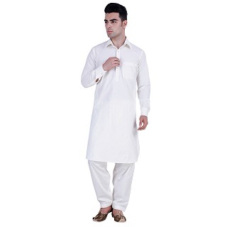 Pathani suit for men with regular collar- White