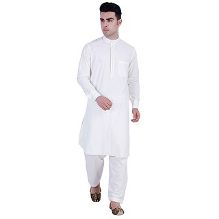 Premium Pathani Suit with mandarin collar- White