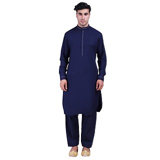 Designer Pathani Suit with mandarin collar- Navy Blue