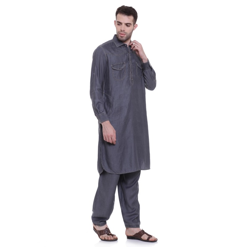 Pathani Suits for men online in India Linen fabric Grey Denim