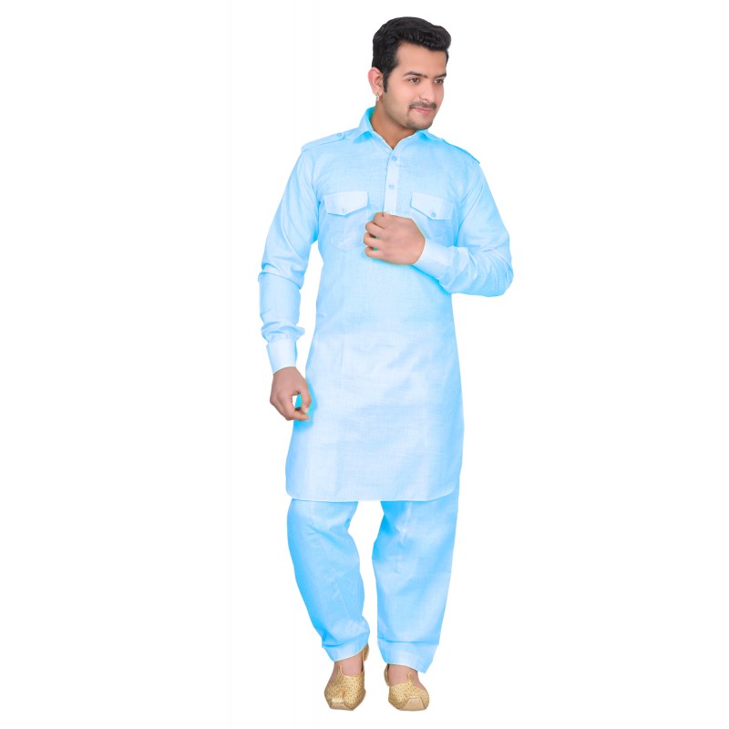 Pathani kurta pajama with chinese neck in Sky Blue