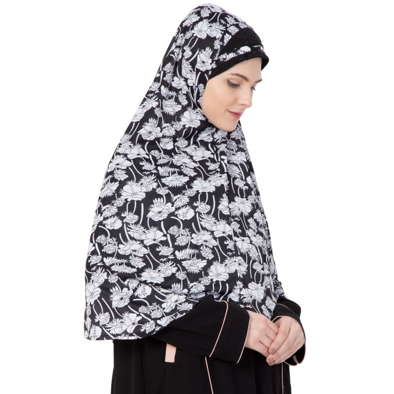 Prayer Hijab online in India- Black & White printed Large Khimar