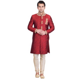  Elegant Brick Red Colored Resham Jacquard Sherwani