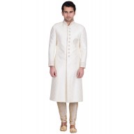 Classic Solid White Colored Resham Jacquard Sherwani  Classic Solid White Colored Resham Jacquard Sherwani