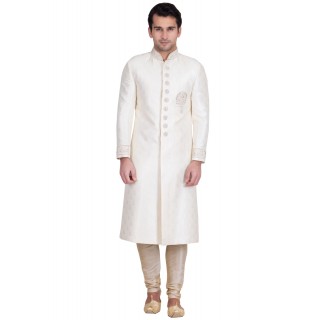  Classic Solid White Colored Resham Jacquard Sherwani