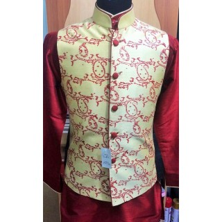 Half Coat for men- Cream colored red block printed 