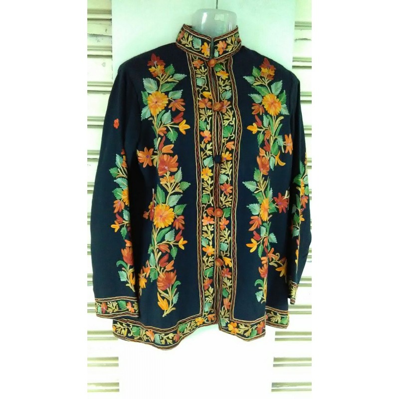 Kashmiri Woolen Jacket Green Yellow embroidery work