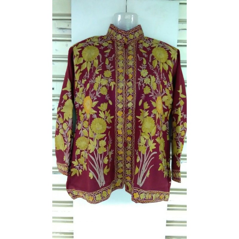 Kashmiri Woolen Short Jacket Maroon Color with embroidery work