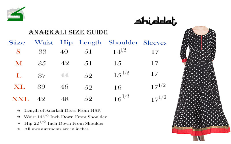 Anarkali dress size chart