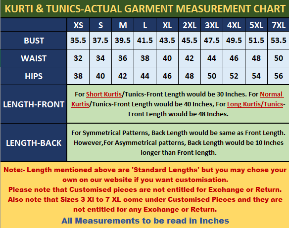 Kurti size chart